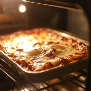 Barilla lasagna baking in the oven with a golden-brown cheese topping