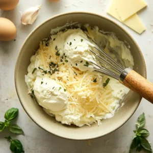 Mixing ricotta, mozzarella, Parmigiano-Reggiano, and eggs in a bowl for the Barilla lasagna recipe