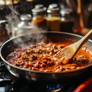 Cooking marinara sauce with ground meat on a stovetop – a key step in the Barilla lasagna recipe.